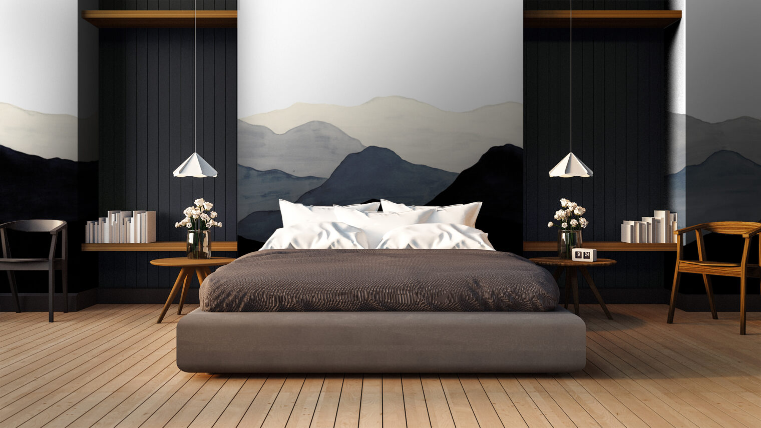 シックなトーンに合わせて、客室全体を山々が囲むようなアーティスティックなデザイン