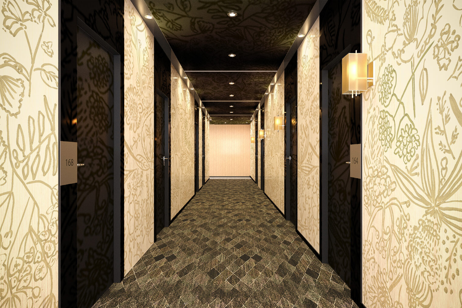 ホテル共用部の廊下部分を大胆に装飾するボタニカルなモチーフが特徴的な壁紙デザイン