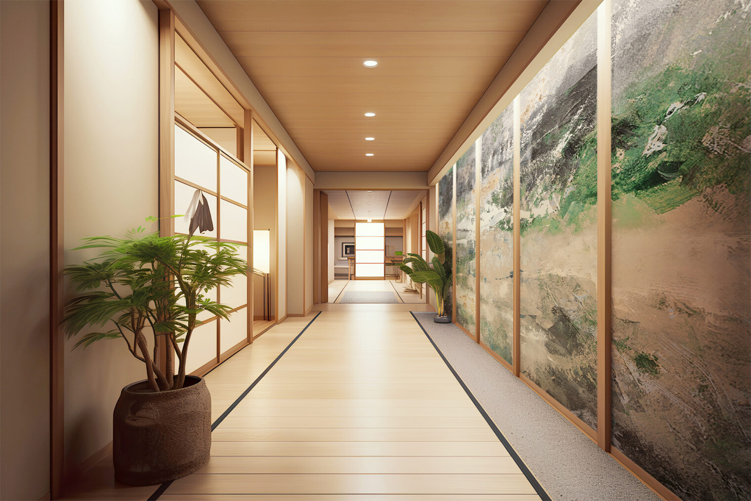 旅館廊下部分に大胆にあしらう絵画調のデザイン。